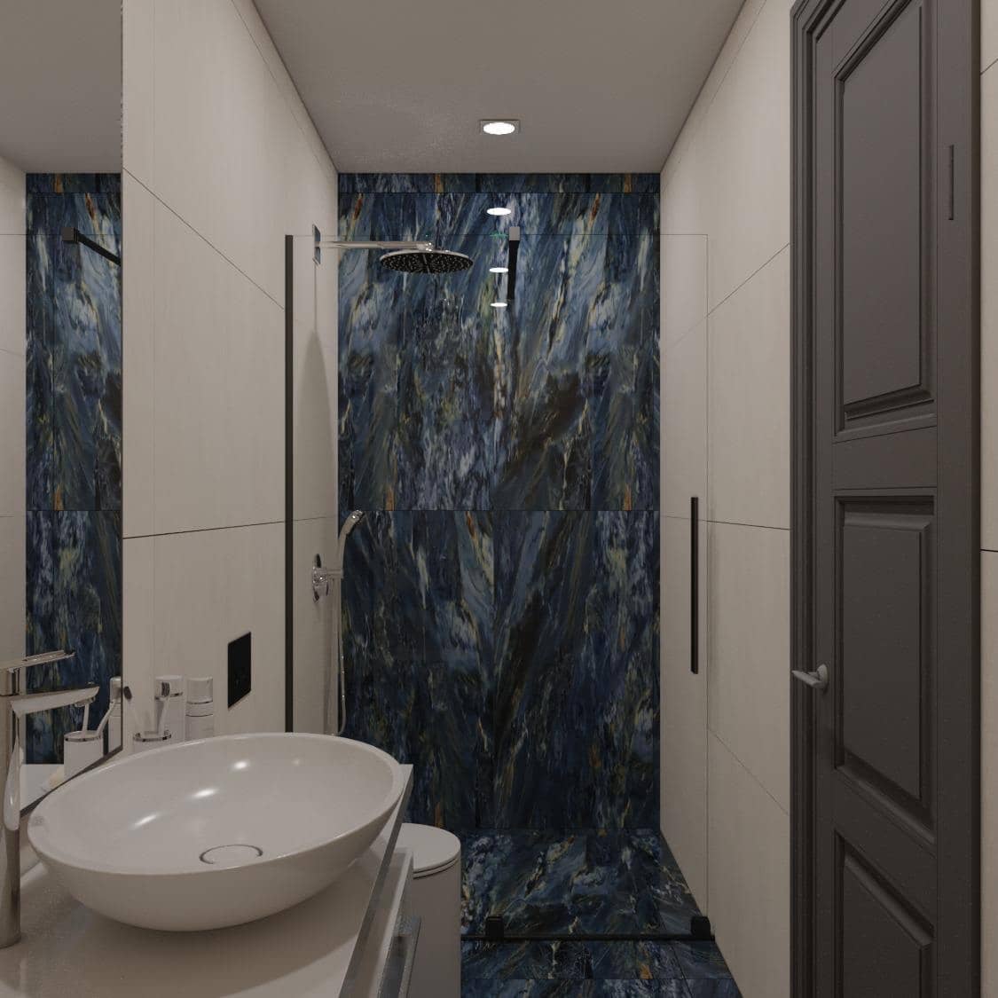 Mavi mermer duşlu banyo