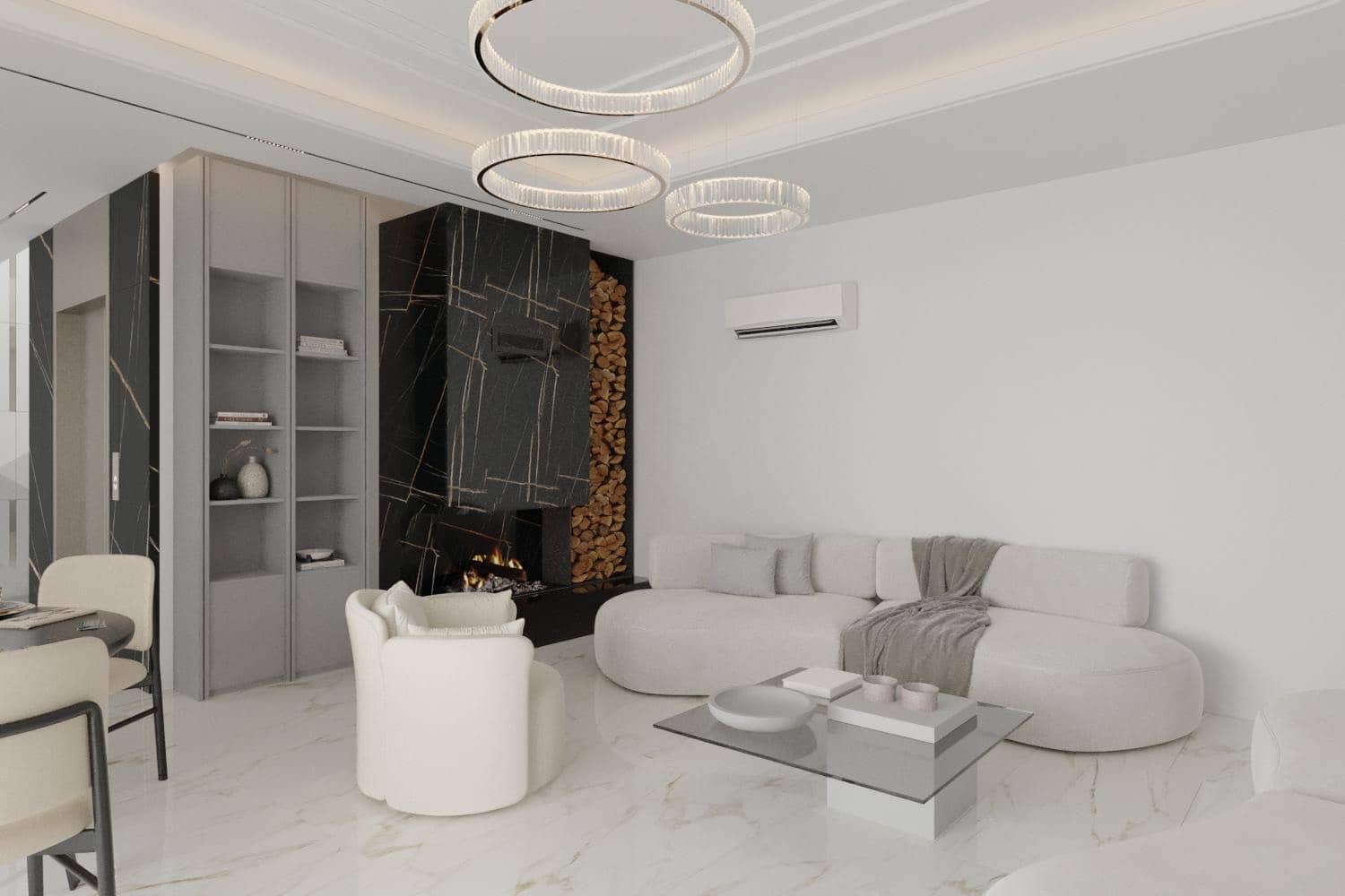Şömineli salon — krem oturma grubu