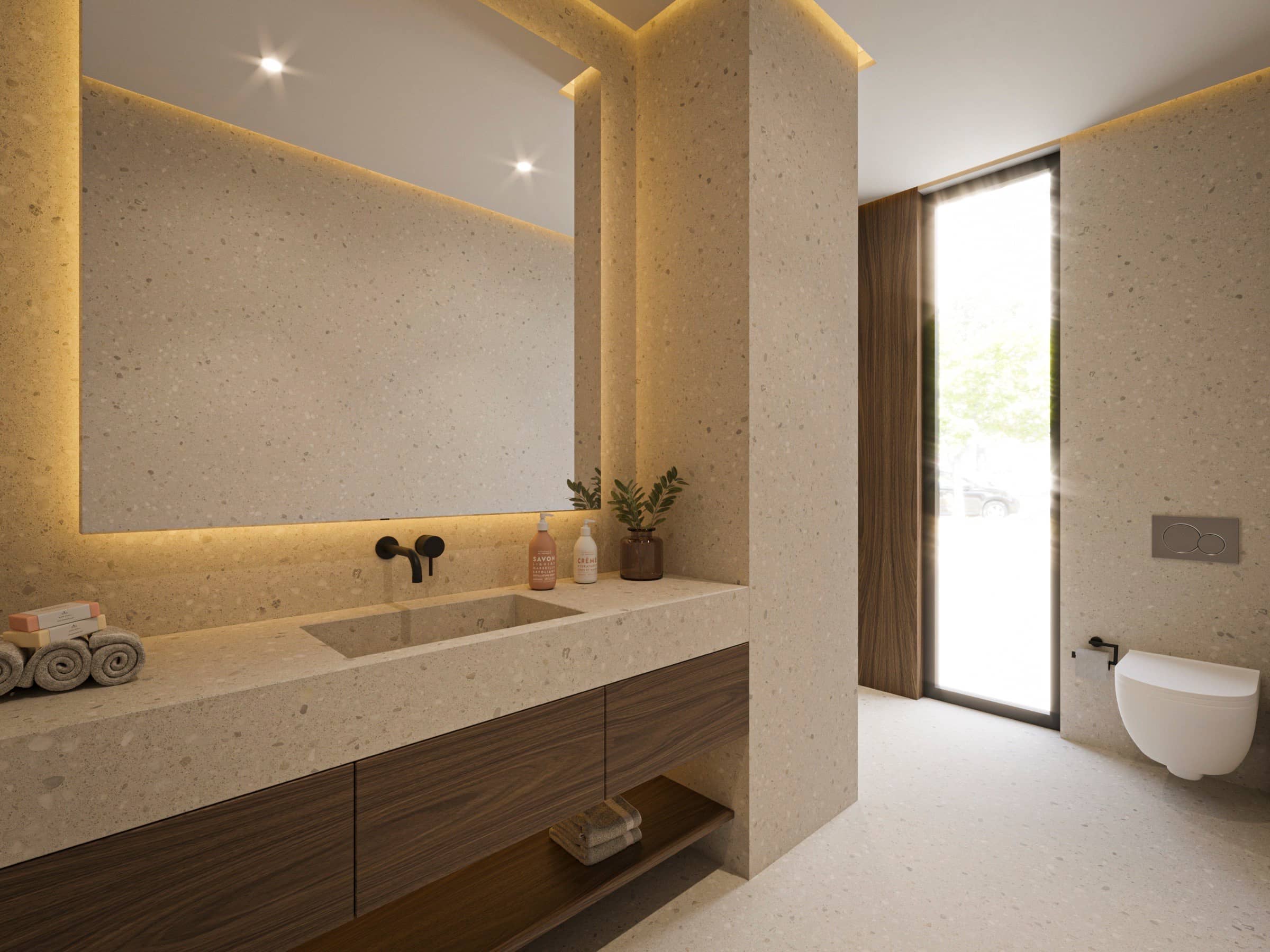 Banyo — taş lavabo ve boy aynası