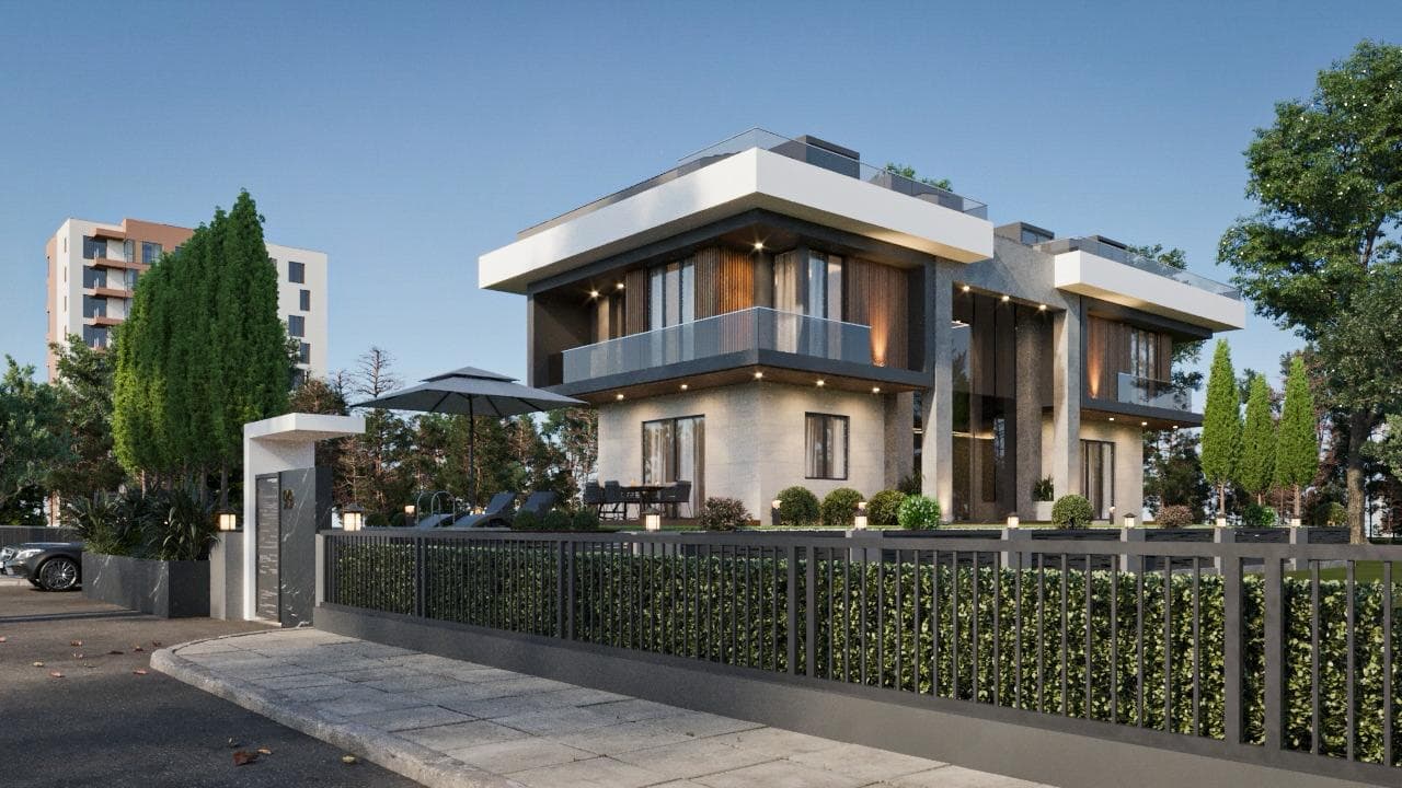Balta Home'un akşam ışığında taş ve ahşap dokulu cephesi