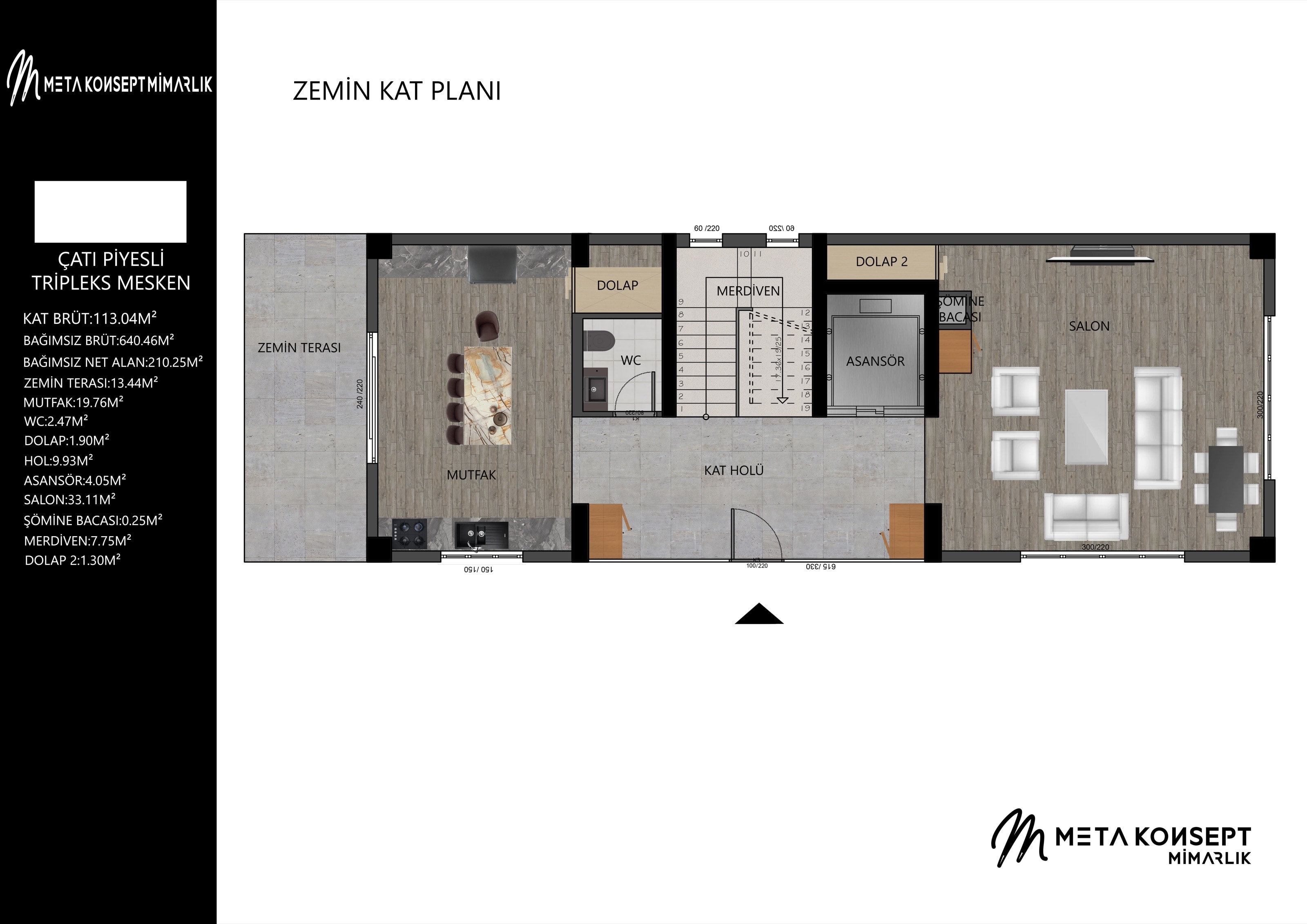 Zemin kat planı — salon, mutfak ve zemin terası