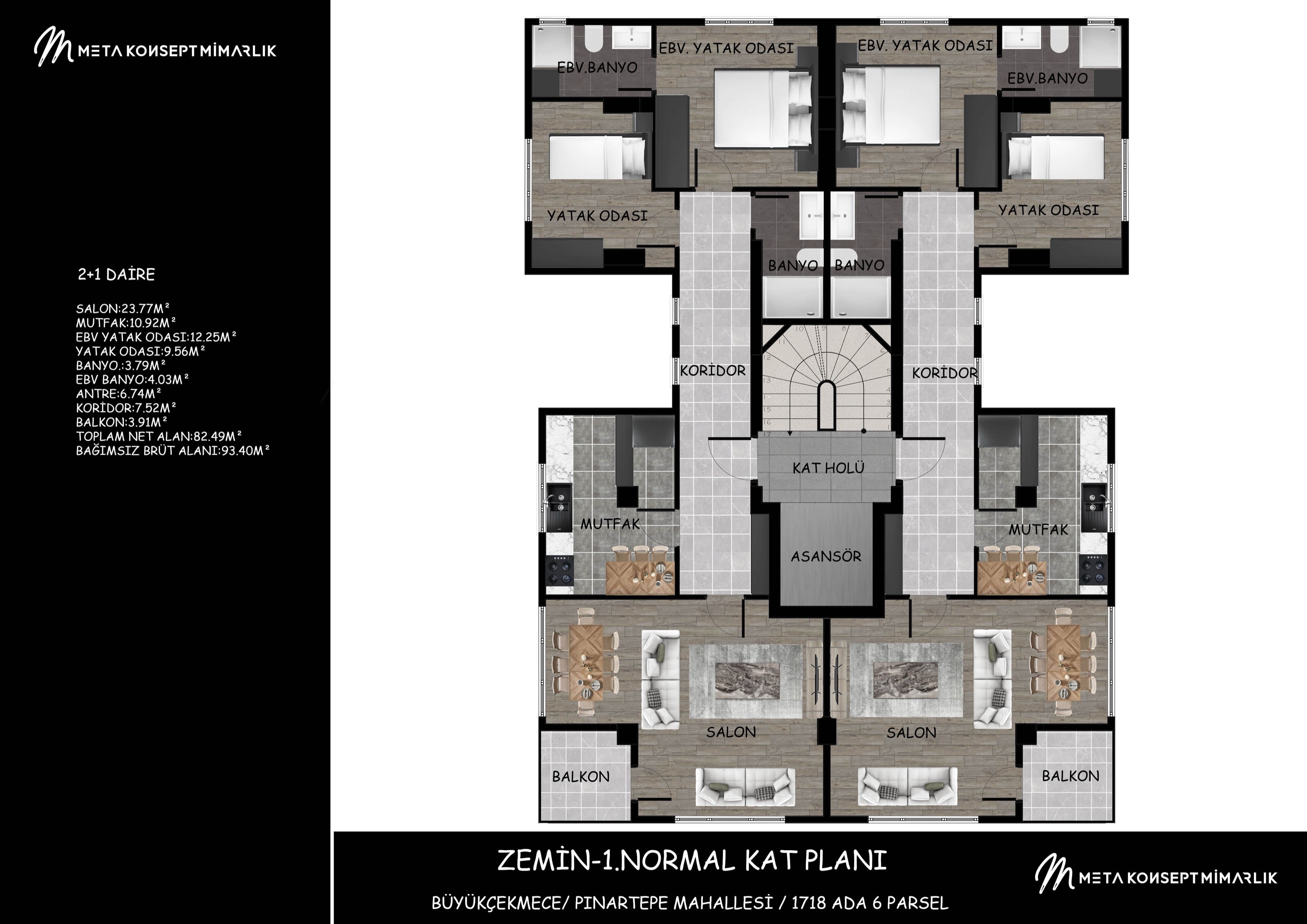 Zemin ve 1. normal kat planı — katta iki 2+1 daire